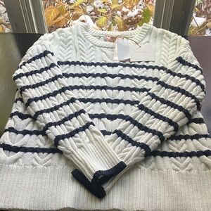 Philosophy Women's Sweater - Cream and Navy cable Stripes Small nwt